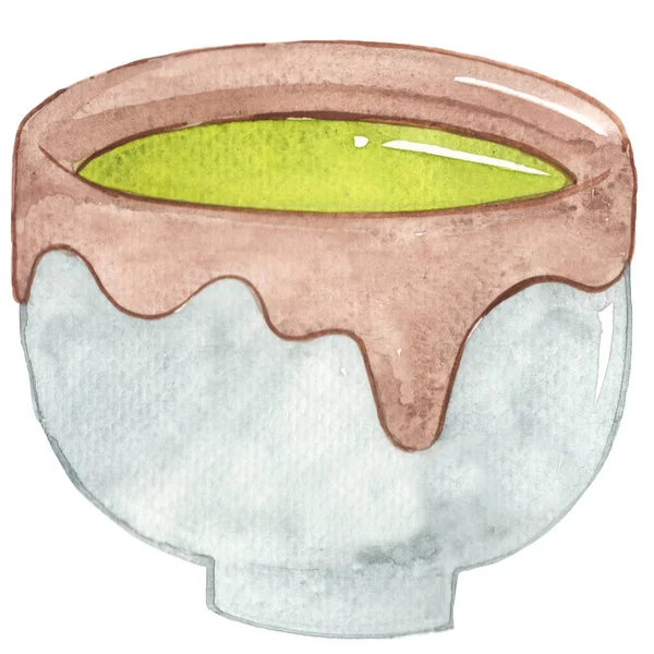 Matcha Green Tea Tea Cup Chawan Watercolor Isolated Illustration Traditional — Foto Stock