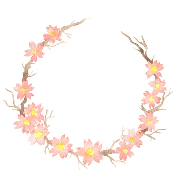 Sakura Cherry Blossom Flower Wreath Watercolor Illustration Decoration Oriental Art — Stockfoto