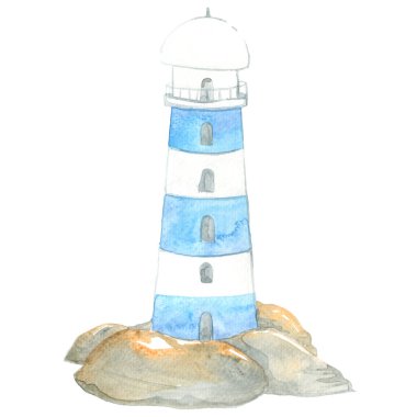 Watercolor lighthouse illustration on reef for nautical concept.