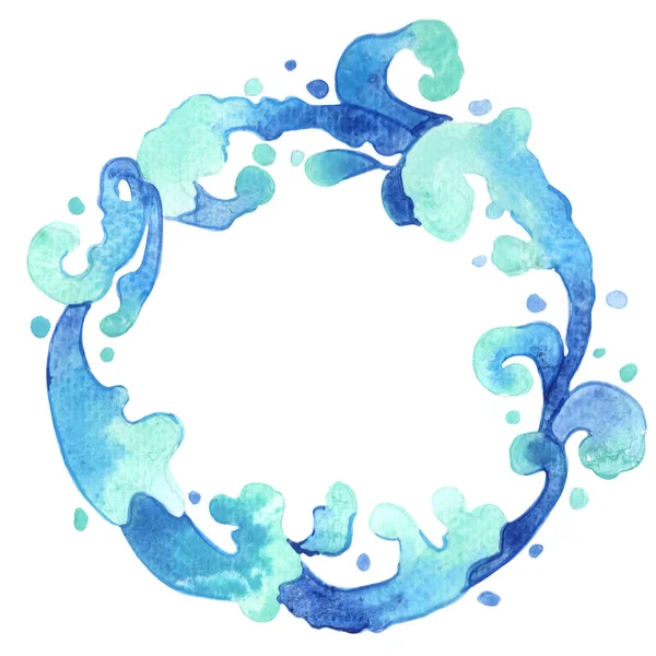 Abstract Blue Ocean Wave Wreath Oriental Art Style Watercolor Summer — Stock Photo, Image