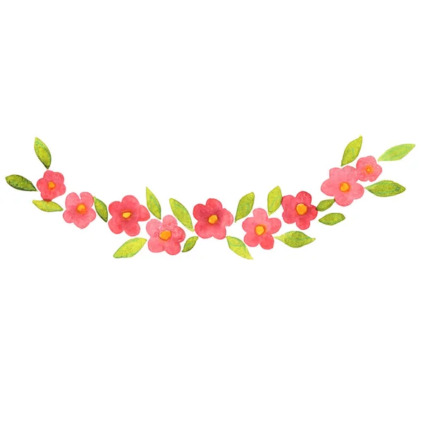 春季装饰用红茶花和绿叶花环水彩画及东方艺术 — 图库照片