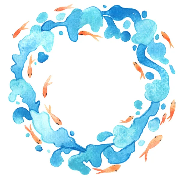金鱼东方风格水彩花环装饰水波在亚洲艺术文化中的应用 — 图库照片