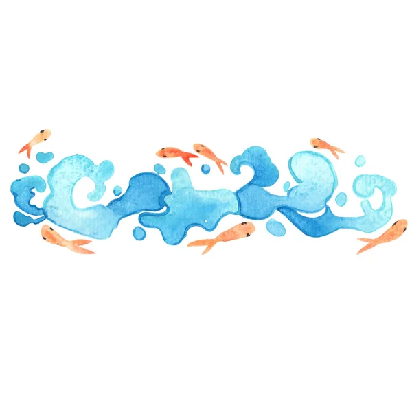 Abstract Water Wave Goldfish Oriental Style Watercolor Border Decoration Asia — Stock Photo, Image