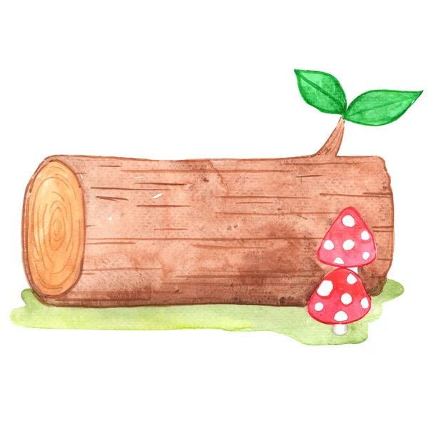 Holzstamm Mit Rotem Pilz Auf Rasen Aquarell Illustration Für Natur — Stockfoto