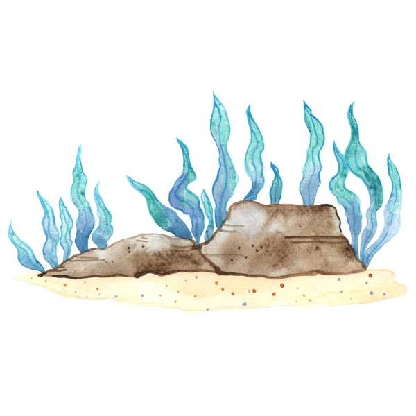 海の風景や水族館のシーンの装飾のための海の水彩境界線のイラスト上の海藻 石のサンゴ礁と砂 — ストック写真