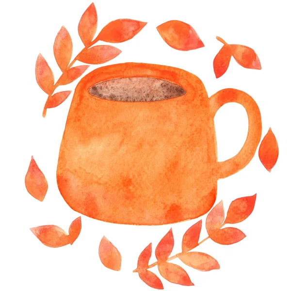 Oranje Koffiekopje Met Bladeren Aquarel Geïsoleerd Voor Decoratie Relexing Met — Stockfoto