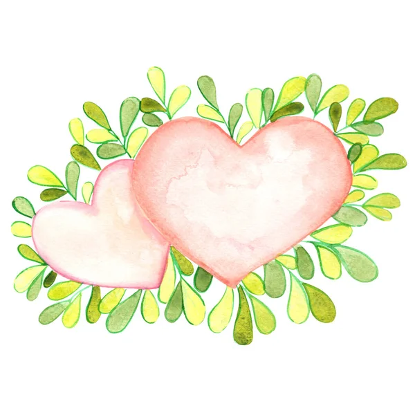 Pink Heart Fern Leaf Banner Watercolor Illustration Decoration Valentine Day — Stock Photo, Image