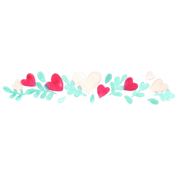 Kolorowe Słodkie Serce Paproć Pozostawia Girlanda Akwarela Ilustracja Dekoracji Walentynki — Zdjęcie stockowe