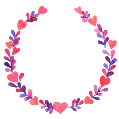 Kırmızı kalp ve efsanevi yapraklar düğün ve sevgililer gününde süsleme için suluboya çelenk.