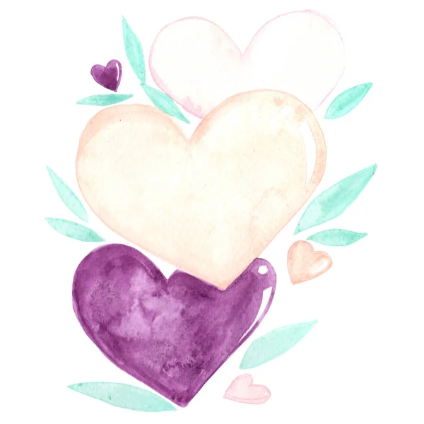 Pink Purple Hear Leaves Bouquet Watercolor Banner Decoration Valentine Day — Stock Photo, Image