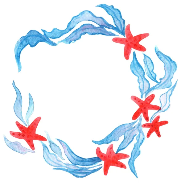 Estrella Mar Roja Corona Algas Acuarela Para Decoración Vida Marina — Foto de Stock
