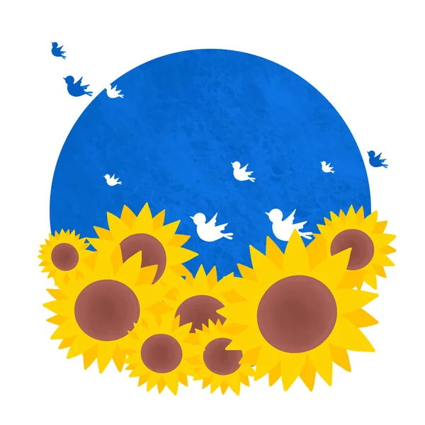 Sonnenblumenfeld Mit Fliegendem Vogel Und Blauem Himmelsbanner Für Ein Zeichen — Stockvektor