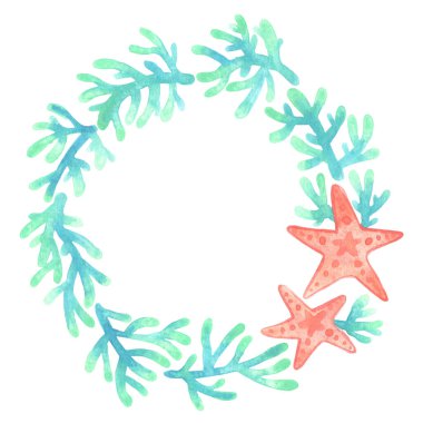 Deniz yıldızı ve mercan resif çelengi suluboya çizimi deniz yaşamı ve yaz tatili süslemeleri için.