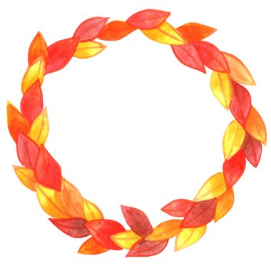 Sonbahar mevsiminde dekorasyon, Şükran Günü, çay yaprağı ve bahçe için renkli yapraklı suluboya çelenk.