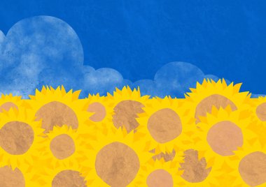 Mavi gökyüzü arkaplanlı ayçiçeği tarlası, Ukrayna bayrağı arka planı.