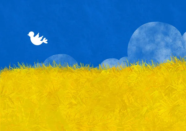 蓝色天空背景 鸟儿宁静的金色草场 乌克兰国旗背景 — 图库照片
