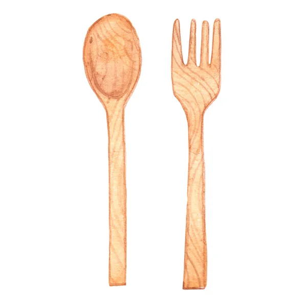 Spoon Fork Wood Watercolor Illustration Decoration Tableware Kitchen — Stock Photo, Image