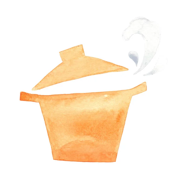 Pentola Arancione Con Banner Piatto Fumo Acquerello Decorazione Ristorante Cucina — Foto Stock