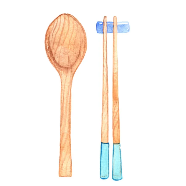 食器やキッチンの装飾のためのスプーンや箸の木の水彩イラスト — ストック写真