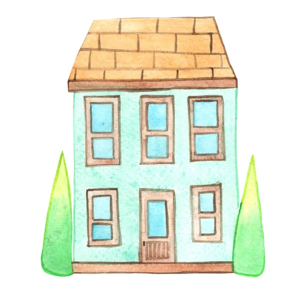 Cute House Watercolor Illustration Cottage Tree Kids Fairy Tales Concept — Stock Photo, Image