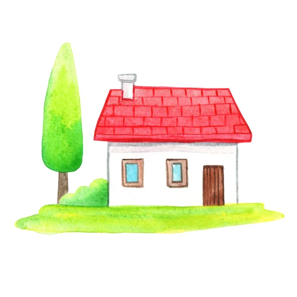 Niedliche Haus Aquarell Illustration Ferienhaus Und Baum Für Kinder Und — Stockfoto
