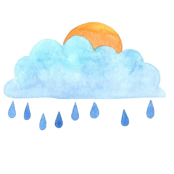 Sun Colud Rainy Day Weather Forecast Sign Watercolor Illustration — Photo