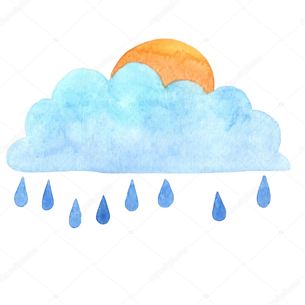 Sun with colud in rainy day weather forecast sign watercolor illustration.