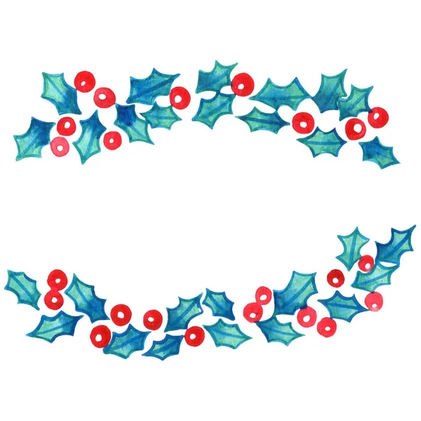 Holly Bladeren Met Rode Bessen Aquarel Krans Voor Decoratie Kerstfeest — Stockfoto