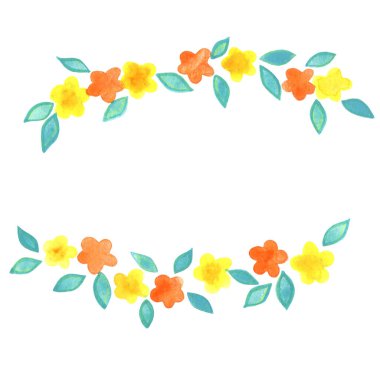 Baharda ve baharda süslemek için sarı ve turuncu çiçekler ve yapraklı suluboya çelenkler.