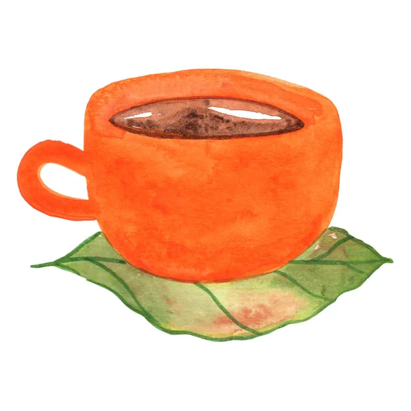 Cup Hot Drinks Autumn Leaves Watercolor Decoration Autumn Seasonal Drinks — Foto Stock