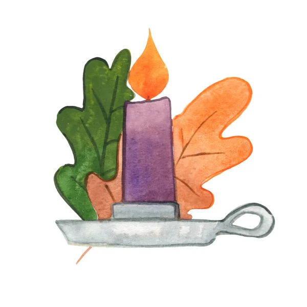 Svíčka Dubovými Listy Akvarel Ilustrace Pro Dekoraci Podzimní Sezónu Přírodní — Stock fotografie