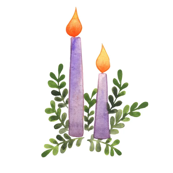 Purple Candle Fern Leaves Watercolor Decoration Romantic Autumn Night — 图库照片