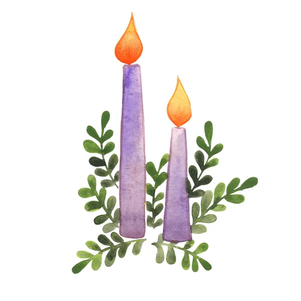 Purple Candle Fern Leaves Watercolor Decoration Romantic Autumn Night — Stockfoto