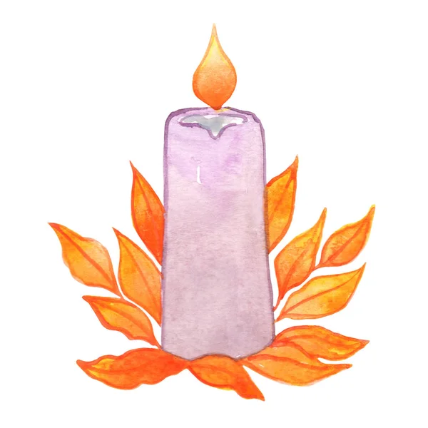 秋の夜のロマンチックな装飾のために水彩葉の葉を持つ紫色のキャンドル — ストック写真