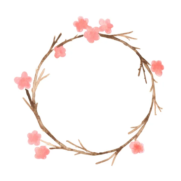 枝条上的粉红色花 花环水彩画 春天和婚庆时装饰用 — 图库照片