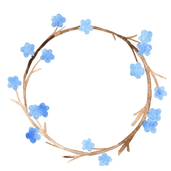 枝条上的蓝色花朵 花环水彩画 春天和婚庆时装饰用 — 图库照片