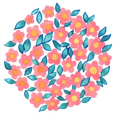 Tatlı pembe çiçek ve yaprak suluboya buketi Sevgililer Günü ve düğün etkinliği için. 