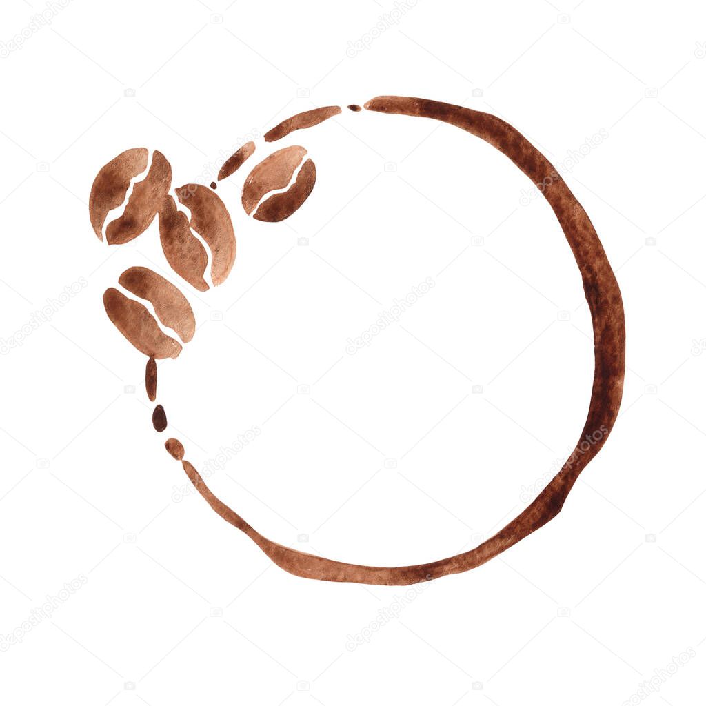 Brown color circle frame with coffe beans watercolor for decoration on coffee cafe .