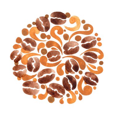 Kahve kahve fincanı, kahve kavramı üzerine süsleme için suluboya çelenk..