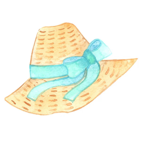 Straw Hat Bow Watercolor Illustration Decoration Summer Holiday Fashion Concept — Foto de Stock