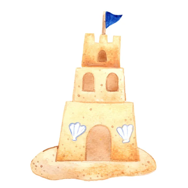Torre Sabbia Sulla Spiaggia Con Bandiera Acquerello Illustrazione Attività Vacanza — Foto Stock