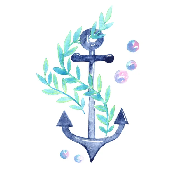 Anchor Seaweed Bubble Watercolor Illustration Decoration Nautical Concept — 图库照片