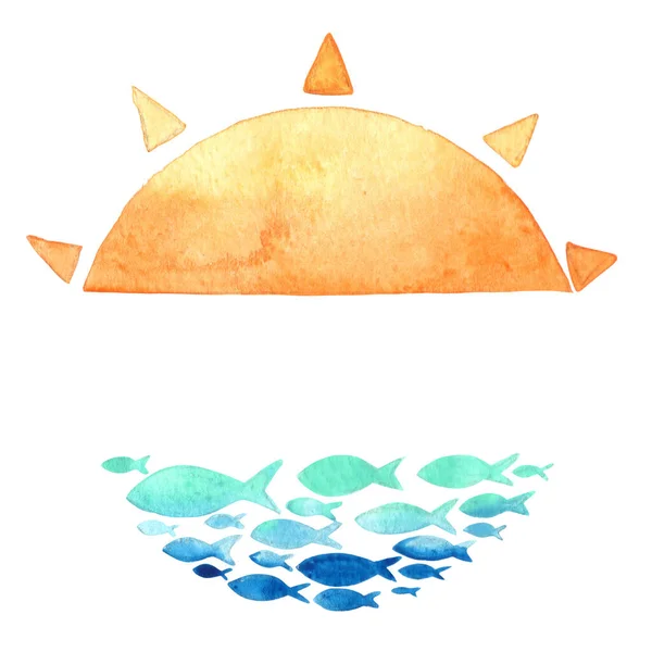 Sunrise School Fish Circle Banner Watercolor Decoration Summer Holiday Nautical — Fotografia de Stock