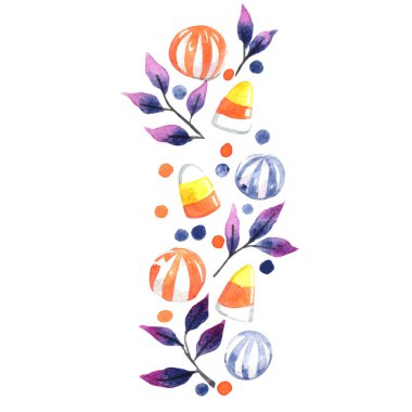 Cadılar Bayramı şekeri, mısır şekeri ve Cadılar Bayramı partisinde süsleme için mitolojik yaprak suluboya çizimi.