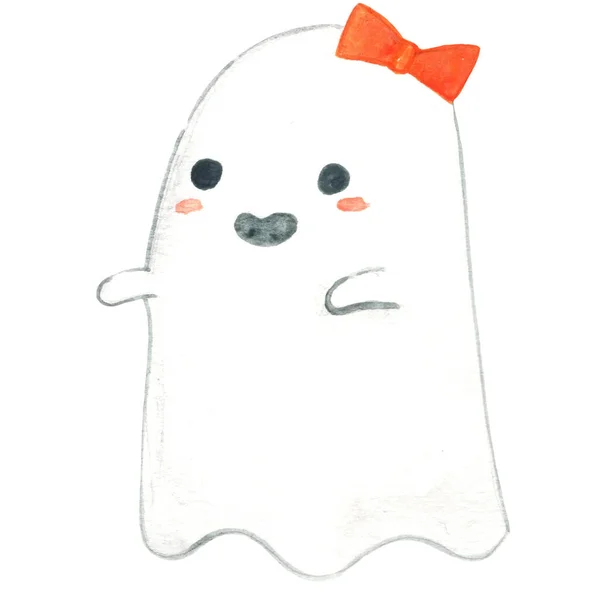 Halloween Cute Ghost Orange Bow Watercolor Halloween Festival — Φωτογραφία Αρχείου