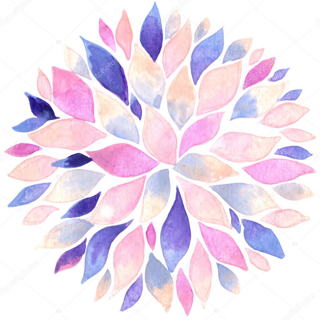 Pink and purple flower petal mandalas watercolor for decoration on blossom garden and spring season.