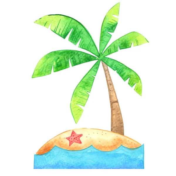 Coconut Tree Sand Beach Island Starfish Watercolor Decoration Summer Holiday — Fotografia de Stock