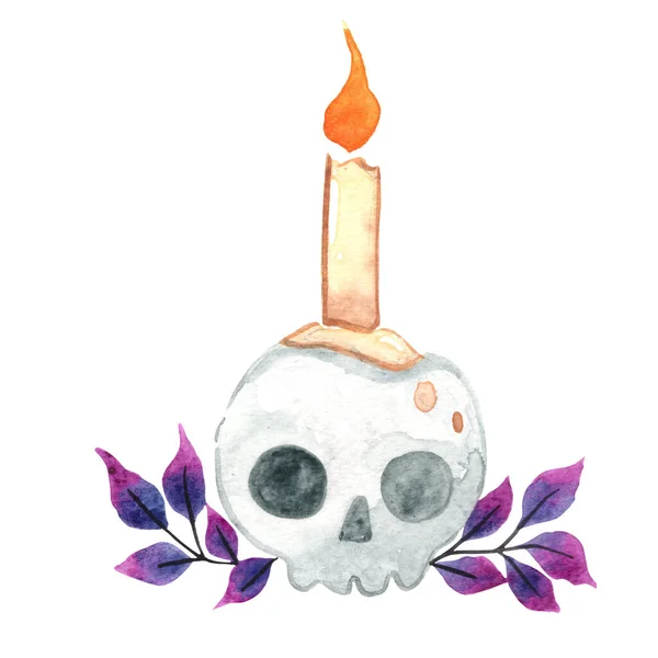 skull, candle and purple watercolor illustration for decoration on fantasy and Halloween festival.