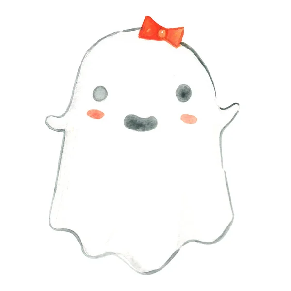 Halloween Cute Ghost Orange Bow Watercolor Halloween Festival — Φωτογραφία Αρχείου