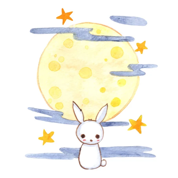 White rabbit with full moon and star watercolor illustration for decoration on Moon festival and mid year festival.